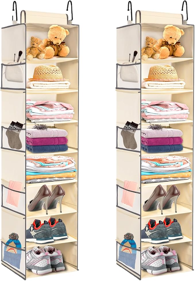 2 Pack Large-Sized Hanging Shoe Organizer 8-Shelf, Hanging Closet Organizer with 8 Side Pockets, Wider Hanging Shelves for St