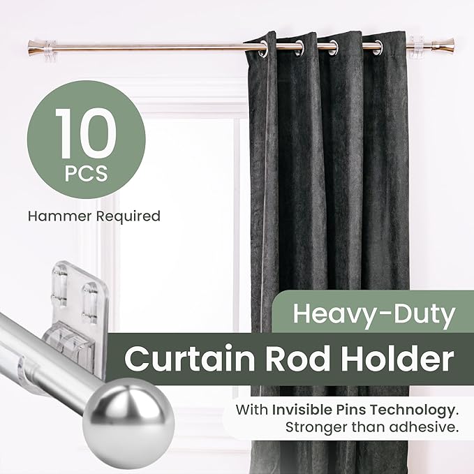 No Adhesive Heavy Duty Curtain Rod Holders with Wide Hook, 5X Stronger Than Adhesive Curtain Rod Hooks,Tension Curtain Rod Br