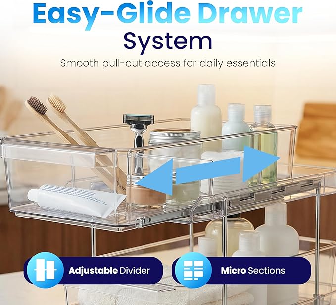 Masirs 2-Tier Clear Pull-Out Drawer Organizer - Sleek, Compact & Sturdy Makeup and Closet Organizer - Easy Assembly Kitchen S