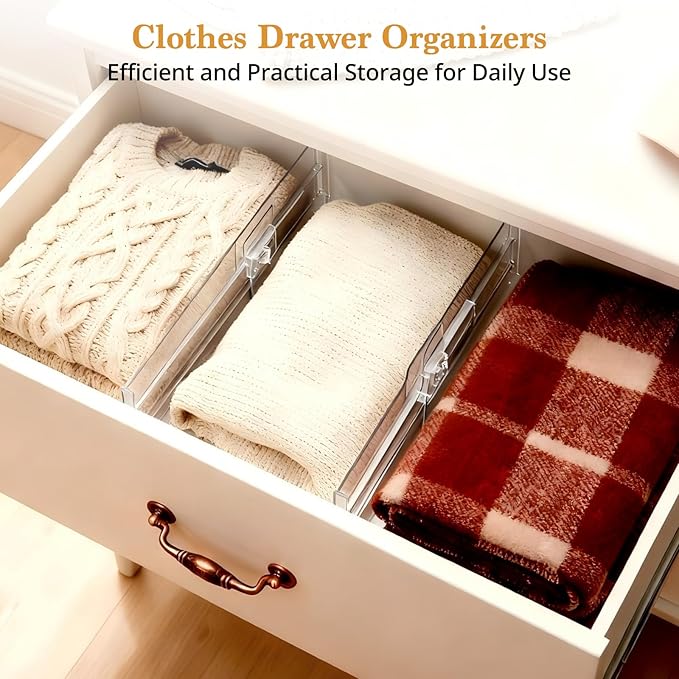 6 Pack Drawer Dividers for Clothes, 4" High 10.6"-16.9" Adjustable Drawer Dividers Expandable Dresser Drawer Organizer, Clear