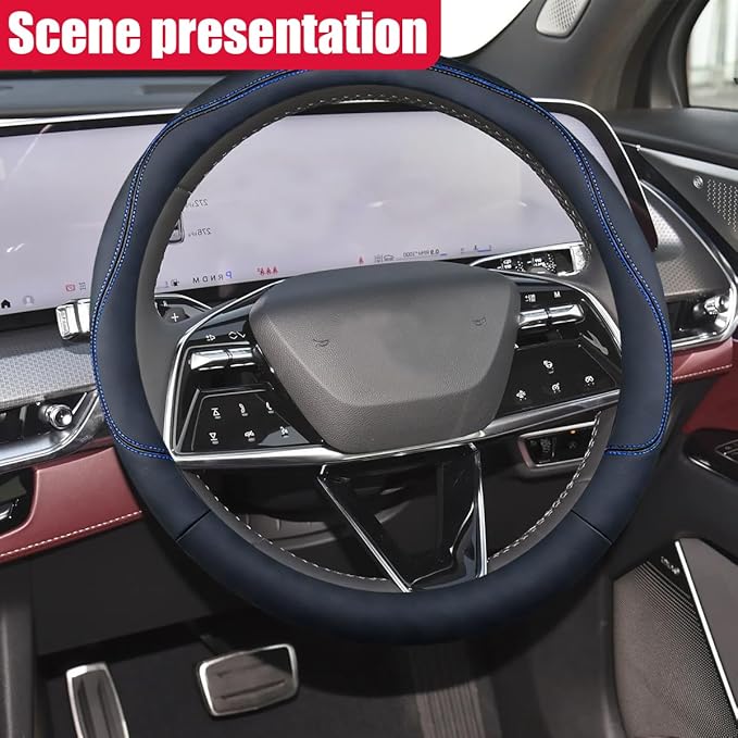 Craedli 14.5-15 Inch Leather Car Steering Wheel Cover, Non-Slip Breathable Auto Steering Wheel Protector Cover, Universal Veh