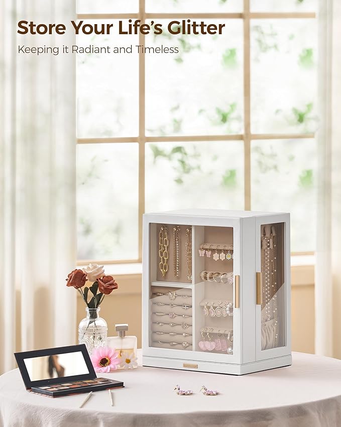 Glimmloop 360° Rotating Jewelry Box with 5 Drawers, Spacious Vertical Jewelry Organizer with Glass Window, Jewelry Storage Ca