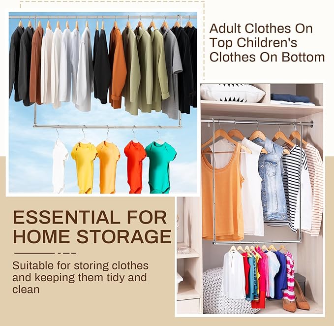 2 Pack Closet Rod Extender Adjustable 16-29 Inches, Double Hanging Organizer Extension for Clothes, Hook-on Storage Bar Adds 