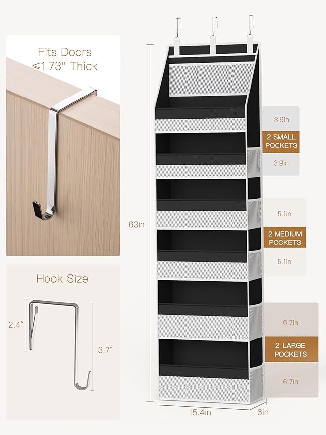 Criusia 2 Pack Over the Door Organizer, Heavy-Duty 6-Shelf Hanging Storage with 13 Mesh Pockets, 55lbs Capacity Behind the Do