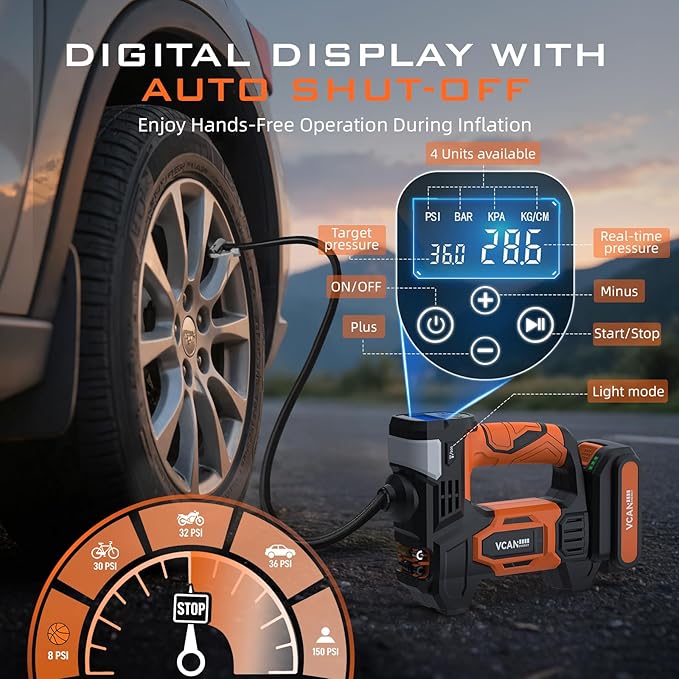 Tire Inflator Portable Air Compressor, 150PSI & 20 V Rechargeable Battery Powered Handheld Air Pump, cordless tire inflator 5X Faster Portable Tire Inflator for Car, Truck, Motorcycle, Bike, Balls