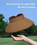 Sun Visor Hat for Women, Wide Brim Straw Summer UV Protection Hat, Foldable Roll-up Packable Beach Cap