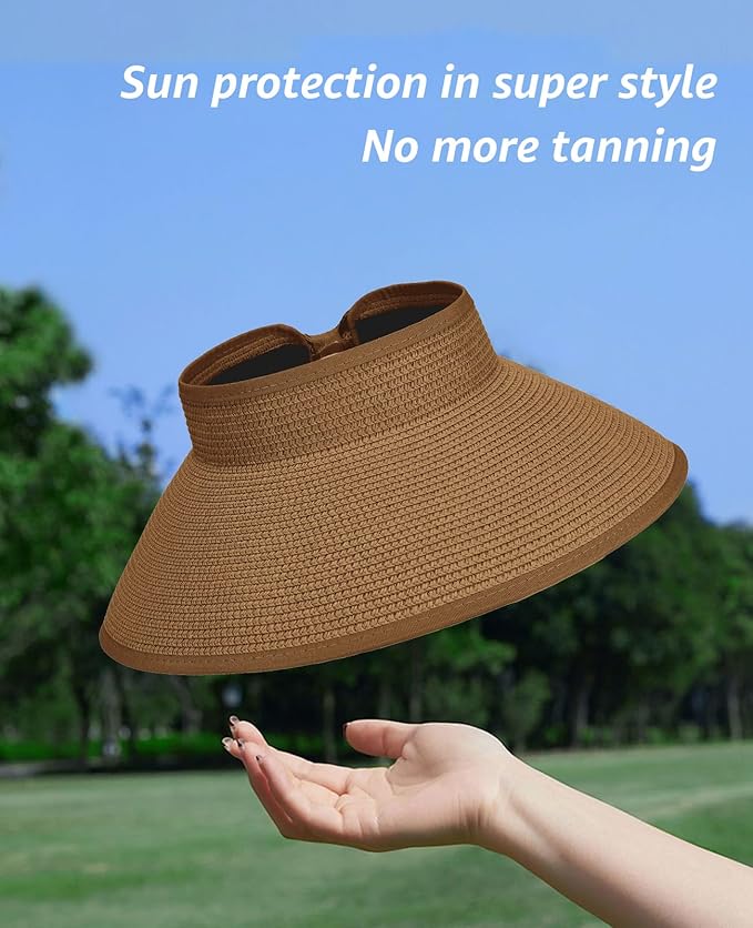 Sun Visor Hat for Women, Wide Brim Straw Summer UV Protection Hat, Foldable Roll-up Packable Beach Cap