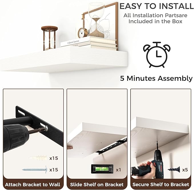 Floating Shelves for Wall, 24 Inch Wide x 12 Inch Deep Floating Shelves, Long Wood Floating Wall Shelf Shelves for Living Roo