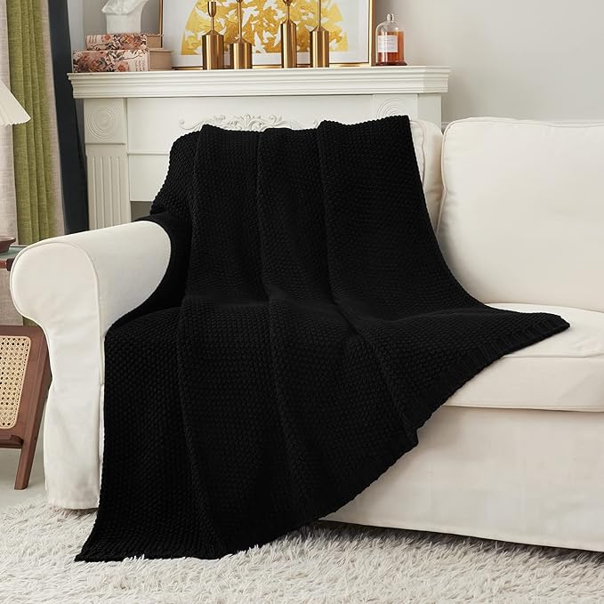 Chunky Cable Knit Throw Blanket Lightweight Black 100% Organic Cotton Blanket for Sofa Couch Bed Baby Nursery, Rustic Shabby 