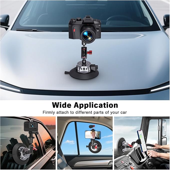 Camera Suction Mount with Ball Head Magic Arm, 5.1"/13cm Metal Air Pump Vacuum Suction Cup Camera Mount on Car Boat Windshield Dash Desk for DSLR/Action Camera/Phone Holder with 1/4" 3/8" ARRI Holes