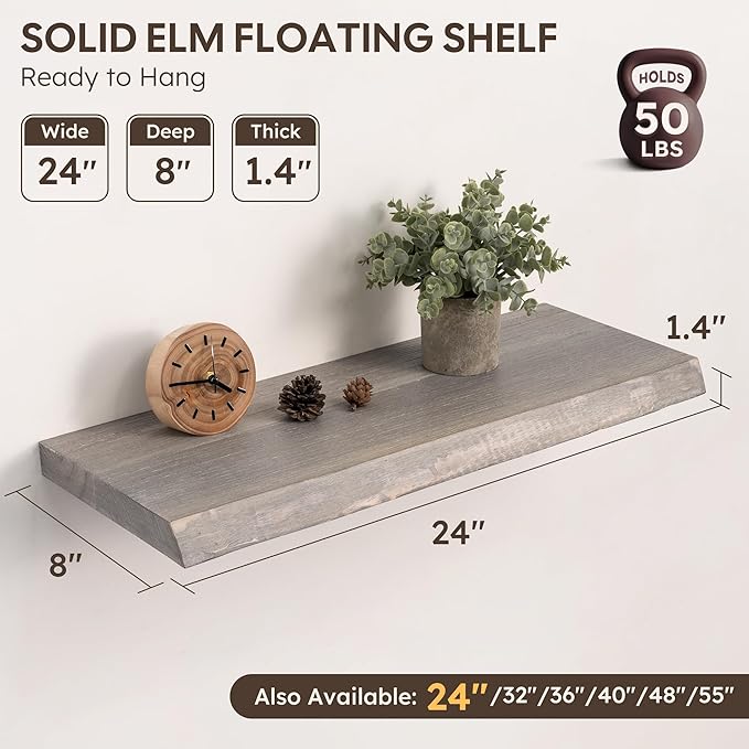 Live Edge Floating Shelves Set of 2, 24 Inch Solid Elm Wood Wall Shelves - Invisible Bracket Mount for Living Room, Bedroom, 