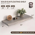 Live Edge Floating Shelves Set of 2, 24 Inch Solid Elm Wood Wall Shelves - Invisible Bracket Mount for Living Room, Bedroom, 
