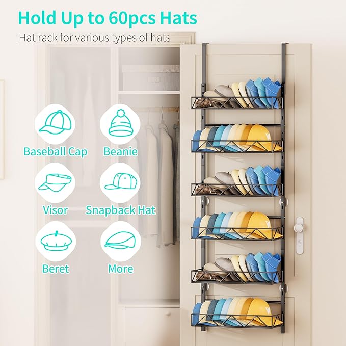HapiRm Over the Door Hat Organizer - 6 Tier Wall Mounted Hat Rack with 6 Adjustable Metal Basket, Baseball Caps Organizer Sto