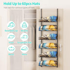 HapiRm Over the Door Hat Organizer - 6 Tier Wall Mounted Hat Rack with 6 Adjustable Metal Basket, Baseball Caps Organizer Sto