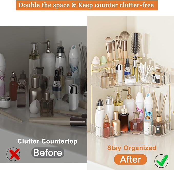 Webetop Corner Makeup Organizer for Vanity, 2 Tier Bathroom Cosmetics Organizer Countertop with Make up Brush Holder Corner C