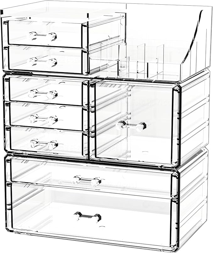 Acrylic Clear Makeup Organizer Countertop,Stackable Skincare Organizer for Vanity With 8 Drawers,Large Plastic Desk Accessori