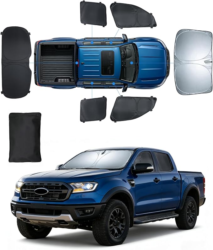 Sun Shades for Ford Ranger 2019-2026 Windshield Sunshade Accessories Full Window Shades for Ranger Front Rear Side Window Covers Fixed with Inserts Sun Visor Blocker Privacy Car Keep Car Cool 6 PCS