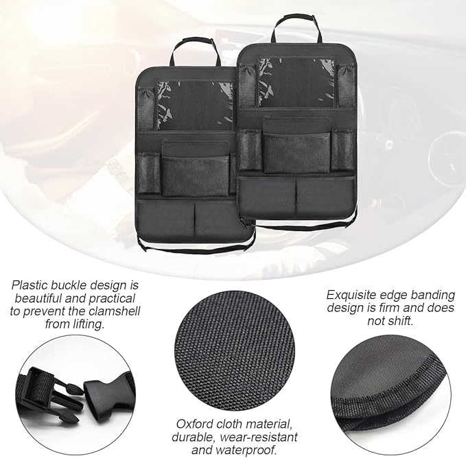 Hanemia Black Oxford Fabric Car Backseat Storage Caddy, 25 x 19 Inches, 9 Compartments, 11 Inch iPad Holder