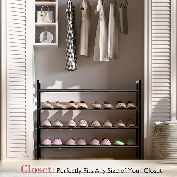 Bumusty 4-Tier Expandable Shoe Rack for Closet, 18“-33” Adjustable Shoe Rack for Small Space, Small Shoe Organizer for Front 