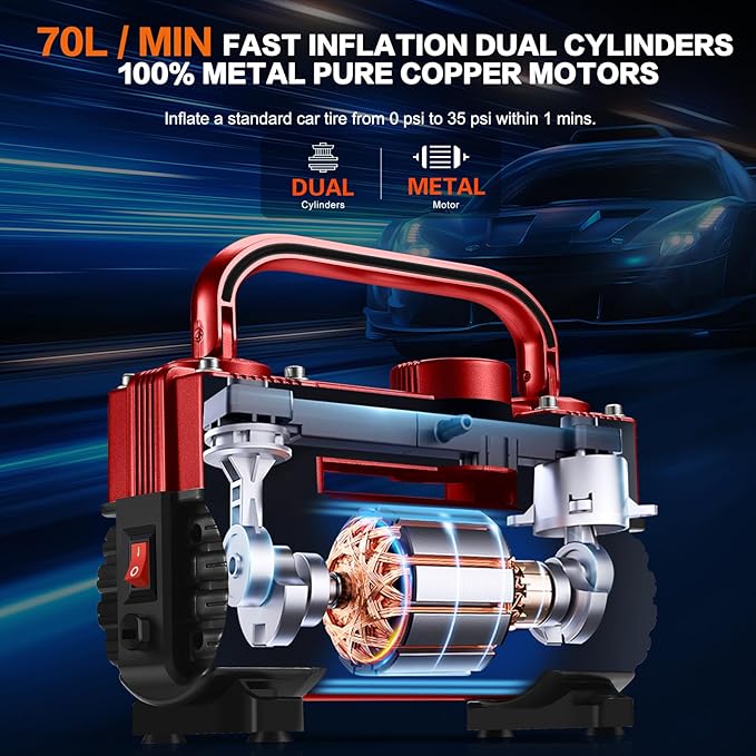 GSPSCN 6X Faster Inflation Tire Inflator Heavy Duty Double Cylinders with Portable Bag- Car Accessories，Metal 12V Air Compressor Pump 150PSI with Adapter for Car, Truck, SUV Tires, Dinghy, Air Bed