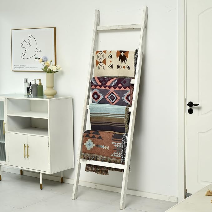 FUIN 6.4ft Extra Wide Wooden Blanket Ladder Living Room Decorative Wal Leaning Farmhouse Quilt Display Holder Rustic Wood Tow