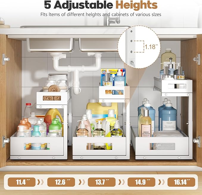 1 Pack 19IN Depth Under Sink Storage Organizer, Large 2-Tier Elegant Mesh Pull Out Shelf for Kitchen and Bathroom Cabinet Org