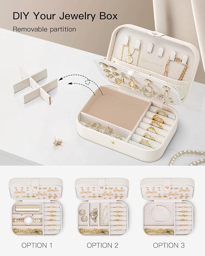 VLANDO Travel Jewelry Case for Women Girls, Gifts for Mother, PU Leather Small Jewelry Box for Rings, Necklaces, Bracelets, E