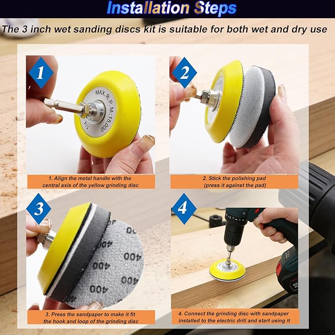 133PCS 3 Inch Sanding Discs Drill Polishing Kit,Wet-Dry 60-10000 Grit Hook-and-Loop Sandpaper,Buffing Pads Drill Sanding Attachment for Car Headlight Restoration, Metal, Wood, Resin Polishing