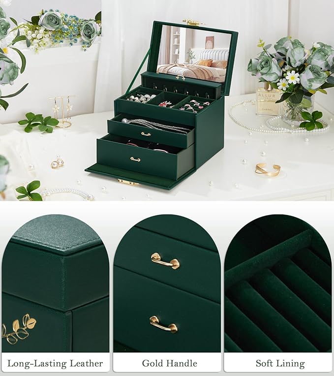 Enthralite Jewelry Box with Lock for Girls: Jewelry Organizer for Dresser - 3-Drawer Earrings Storage Girls Women Gift (Dark 