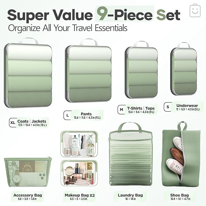 Veken 9/11 Set Compression Packing Cubes for Travel Essentials,Compressible Expandable Large Luggage Suitcase Organizer Bags 