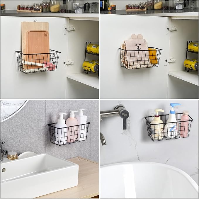 Toplife Kitchen Hanging Basket, No Drilling Cabinet Door Organizer Rack, Wall Adhesive Basket for Cabinet, Cupboard Door, Bat