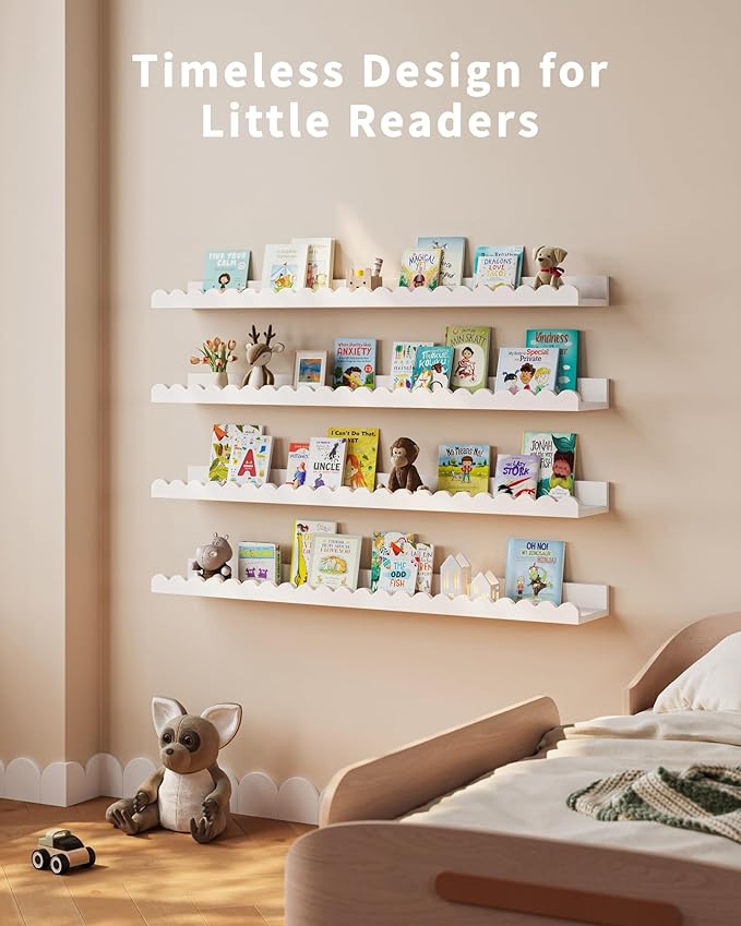 Shario Nursery Book Shelves, 4-Pack White Floating Shelves for Wall Kids, Scalloped Shelves, Wall Book Shelves for Bedroom Ki