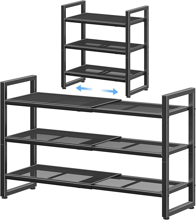 Simple Trending 3-Tier Expandable Shoe Rack, Adjustable & Stackable Shoe Organizer, Metal Mesh Free Standing Shoe Shelf Stora