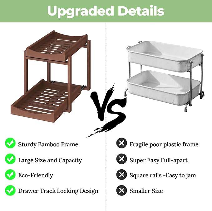 Bamboo Under Sink Organizer and Storage, 2 Pack Pull Out Cabinet Organization, 2 Tier Vertical Slide Out Undersink Storage Sh