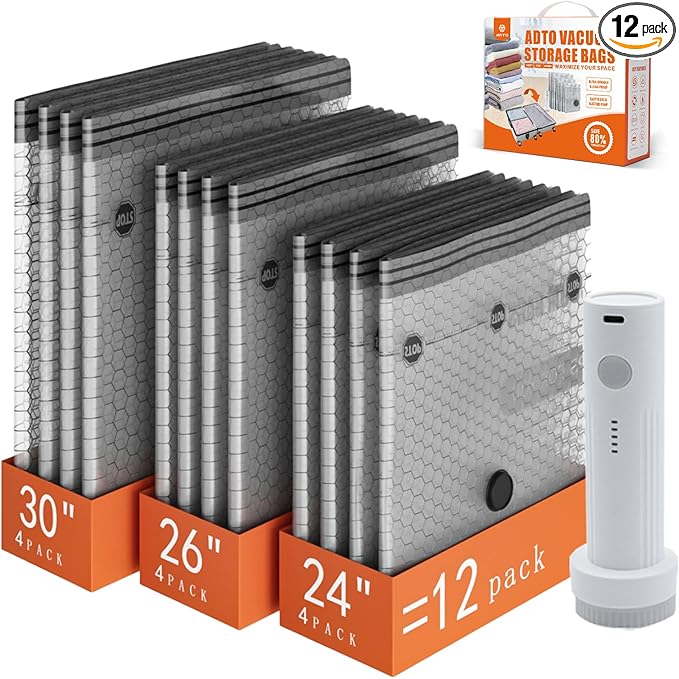 Travel Vacuum Seal Bags for Clothing with Portable Electric Pump, 12 Pack Space Saver Vacuum Storage Bag, Compression Packing