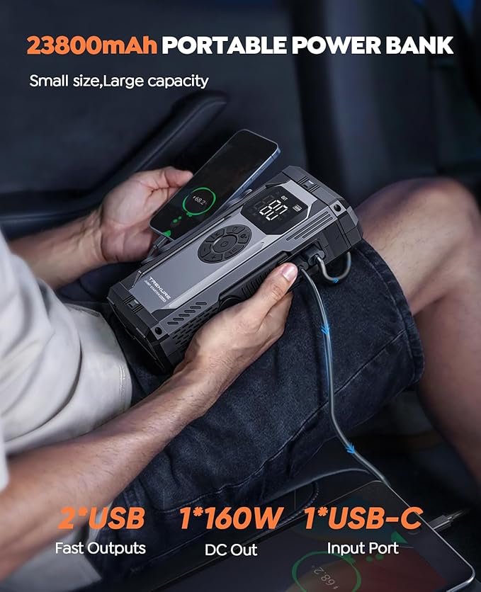 TREKURE 8-in-1 Jump Starter with Air Compressor 6000A 150PSI Portable Car Battery Jump Starter (All Gas/10L Diesel), 12V