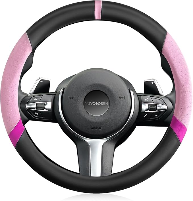 15'' Non-Slip Steering Wheel Cover for Women and Men– Made with Durable NAPA Leather for a Luxurious Feel, Breathable, Easy to Install, and Ideal for Everyday Use or Extended Road Trips (Pink B)