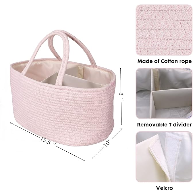 Large Baby Diaper Caddy Organizer for Girl Boy Rope Nursery Storage Bin Basket Portable Holder Tote Bag for Changing Table Ca