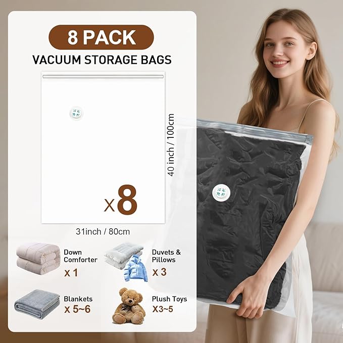 8 Pack Vacuum Storage Bags for Comforters and Blankets, Jumbo 40x31 Inch Vacuum Seal Bags, Space Saver Bags for Bedding, Clot