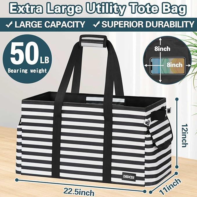 Standing Extra Large Utility Tote Bag with Hard Bottom & Hard Sides, Heavy Duty Reusable Grocery Bags with Handles & 3 Pockets for Shopping, Picnics, Camping, Laundry, Car, Beach Tote Bag