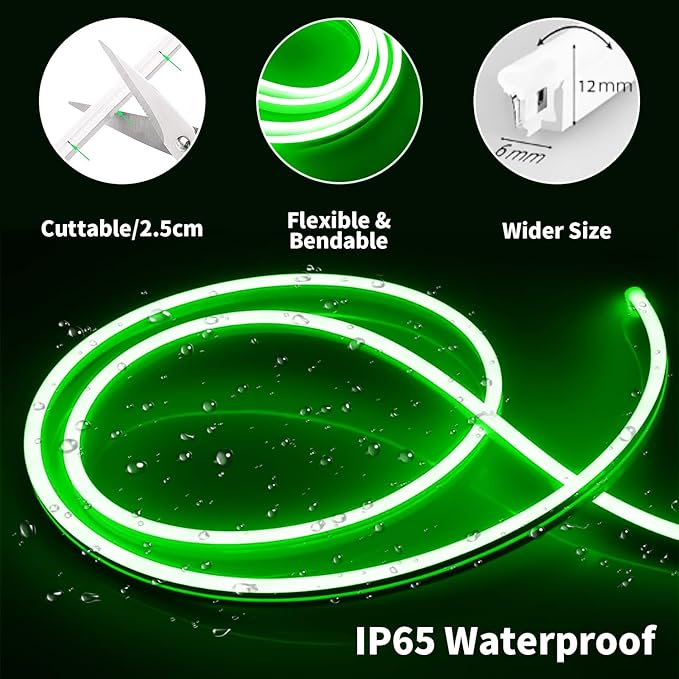 iNextStation 12V Green LED Strip Lights 16.4FT, Flexible Silicone Neon Rope Light, Waterproof, Cuttable, Dimmable & Linkable, for Cabinet, Ceiling, Wall, Bedroom, Kitchen, Garage (No Adapter)