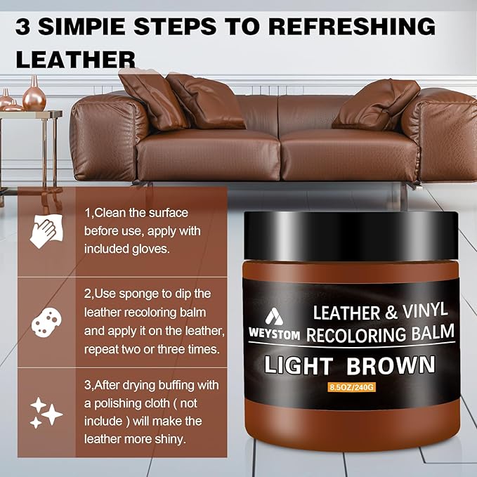 Leather Recoloring Balm - Light Brown Leather Repair Kit for Furniture, Dye, Recolor, Renew, Repair & Restore Aged, Faded, Cr