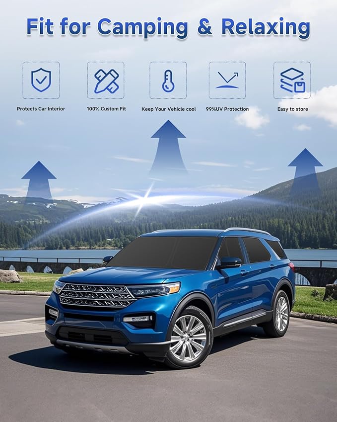 8PCS Window Shades for Ford Explorer(2020-2025) Accessories – Full Coverage Sun Shade for Side Windows, Rear Triangular & Windshield – UV Protection & Privacy for Camping, Napping, Relaxing