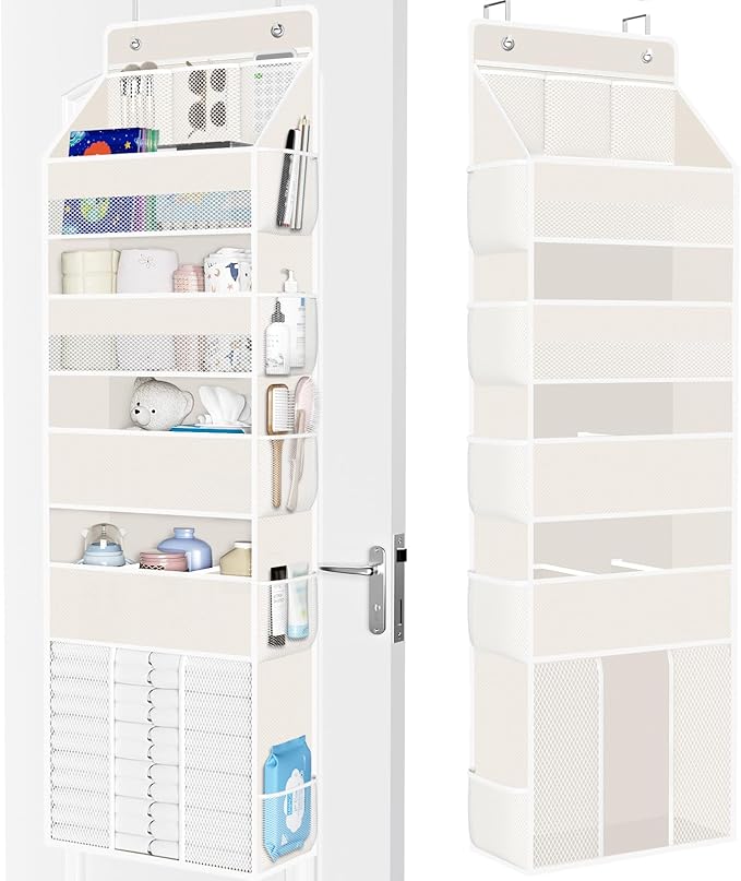 WISELIFE 5-Tier Over the Door Organizer for Hanging - 50LB Heavy-Duty Back of Door Organizer with 5 Spacious Pockets & 13 Mes