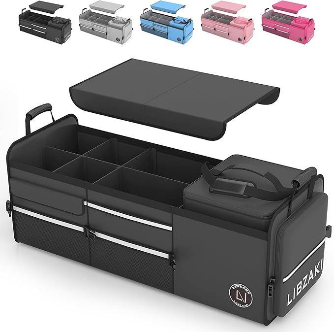 LIBZAKI Oversize 4 in 1 Car Trunk Storage Organizer, Multi Compartment Collapsible Trunk Storage Box with Cooler Bag for Car