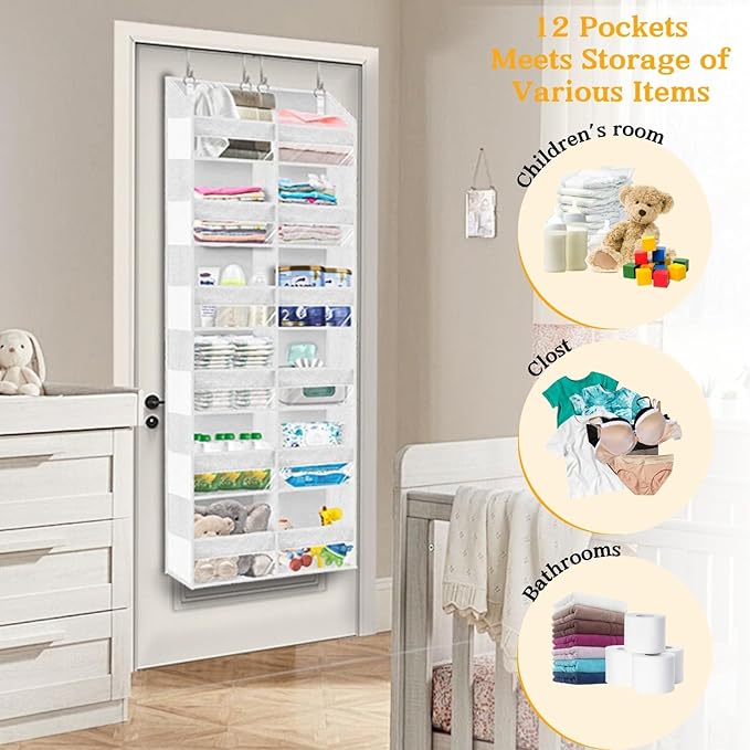 Over The Door Organizer 6 Tiers, Extra Large Behind Door Storage of 12 Compartments, 80 lbs Weight Capacity Hanging Storage O