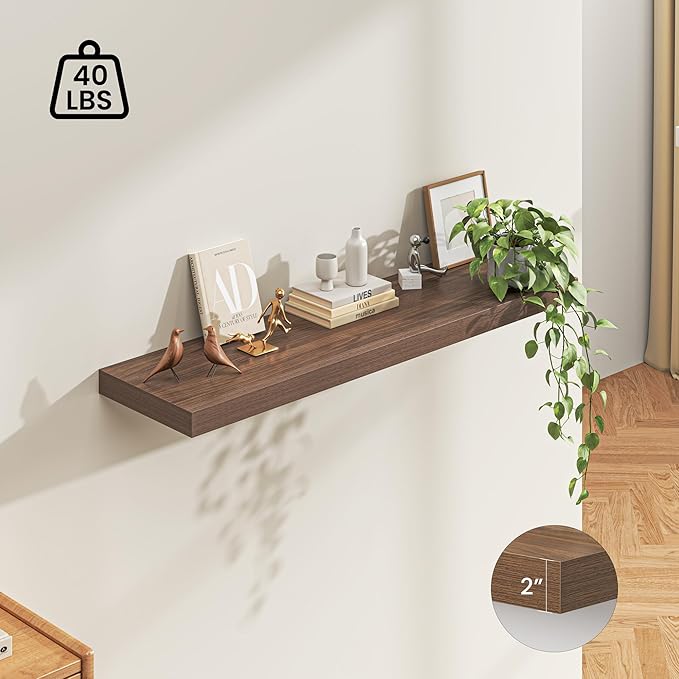 Dreamland 55" Floating Shelves for Wall, 12" Deep Thicker Walnut Floating Shelves, Wall-Mounted Shelves for Bedroom, Living R