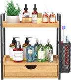 LEMIKKLE Bathroom Counter Organizer with Drawer and Basket,Wood Countertop Organizer for Bathroom Decor Makeup Tray for Perfu