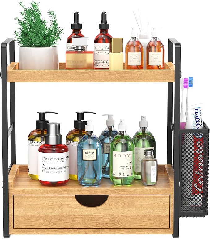 LEMIKKLE Bathroom Counter Organizer with Drawer and Basket,Wood Countertop Organizer for Bathroom Decor Makeup Tray for Perfu