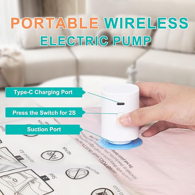 Vacuum Storage Bags with 3000Pa Wireless Pump for Travel, 12 Pack Vacuum Seal Bags for Clothing Travel, Compression Vacuum Ba